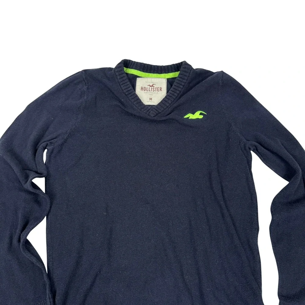 Y2K Hollister Navy V Neck Sweater Neon Logo Size M